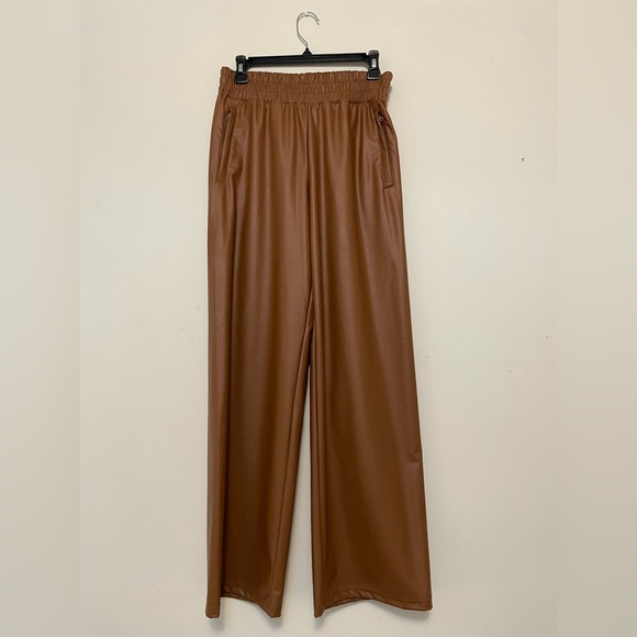 aerie Pants - Aerie Offline Tan Brown Faux Leather Wide Leg Pants Size SMALL